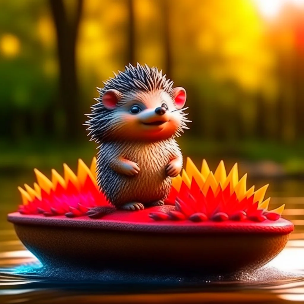 cute blessed freedom statue hedgehog jumping in a rubber boat in the river,catching a big fish in a river stream, 8k, downlight, soft light, depth of field, photorealism, trending on art station, lotsa detail