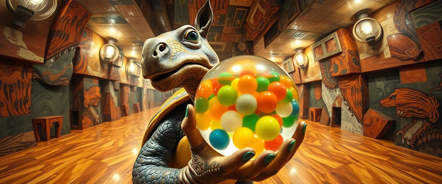 pin hole cam , master oil painting by Rembrandt, volume fog lights in reflective marble madness opera close up on turtle horse character portrait, holding big colorfull transparent marble ball, a living bowling marble halls with slightly tilted floor in a twisted block maze, scenery from the game "marble madness", crystal birds, the floor betrays, the walls collide,