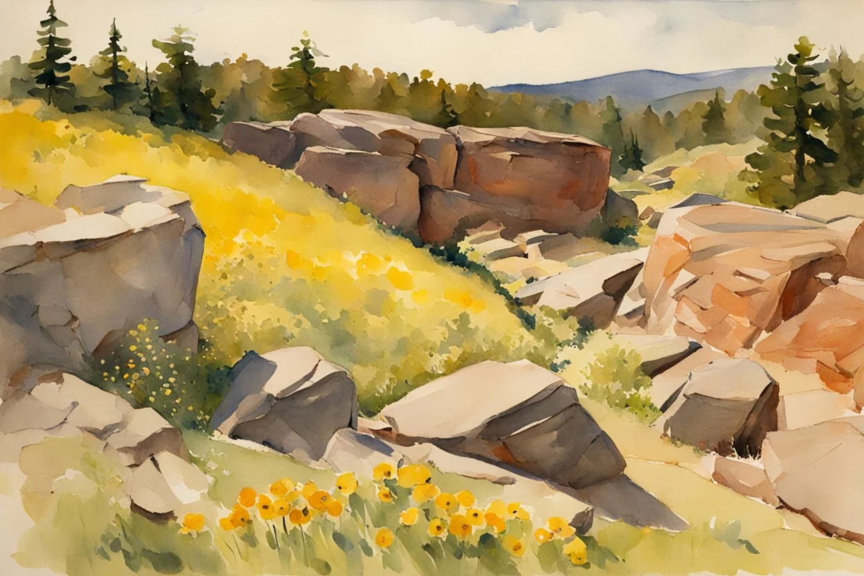 Sunny day, spring, rocks, mountains, epic, winslow homer watercolor paintings