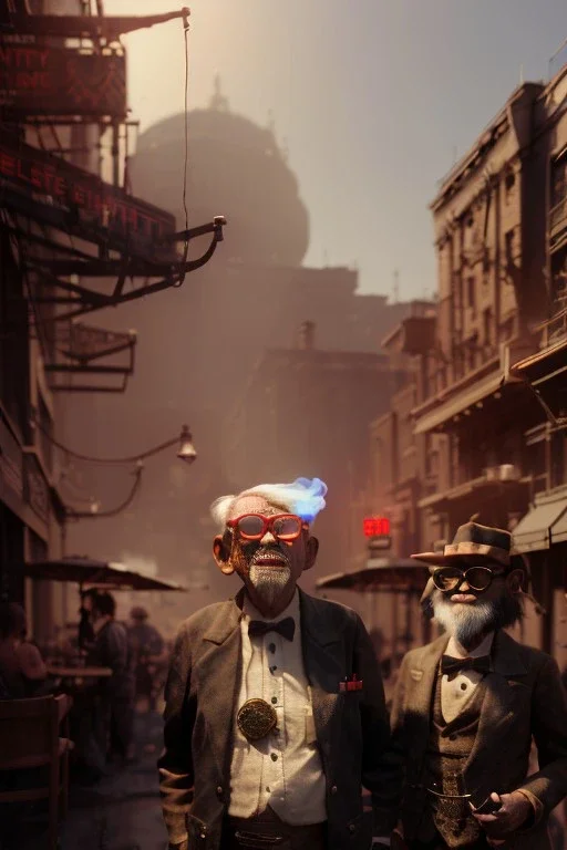 American shot view, old Asian man + little monkey, cabaret scene, steampunk. Sunglasses, smoking, happy, hot. Many people background, highly detailed, concept art, unreal engine 5, god rays, ray tracing, RTX, lumen lighting, ultra detail, volumetric lighting, 3d, finely drawn, high definition, high resolution.