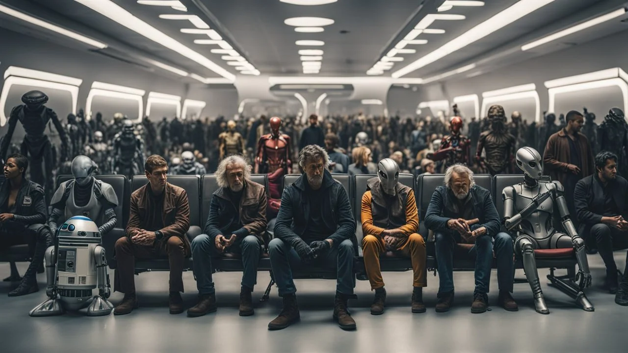 photo from the futuristic waiting room of a studio, a large crowd waits in a giant room. the aliens mutant humans, strange fantastical creatures, droids, and a few human-like beings of all sizes, colors, shaped and looks, stand in the crowd. high detalied, sharp focus, photorealistic, sci-fi style Professional photography, bokeh, natural lighting, canon lens, shot on dslr 64 megapixels , hd