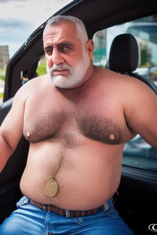 full body shot photography of an Italian sicilian taxi driver burly ugly sitting in the taxi, chubby tired 55 years old driving shirtless, bullneck, thin gold chains, short beard, sweat, short hair, bulge, robust, manly chest, looking down, big shoulders,, photorealistic, side light, ambient occlusion, tired eyes. 35mm lens, internal view inside the Taxi