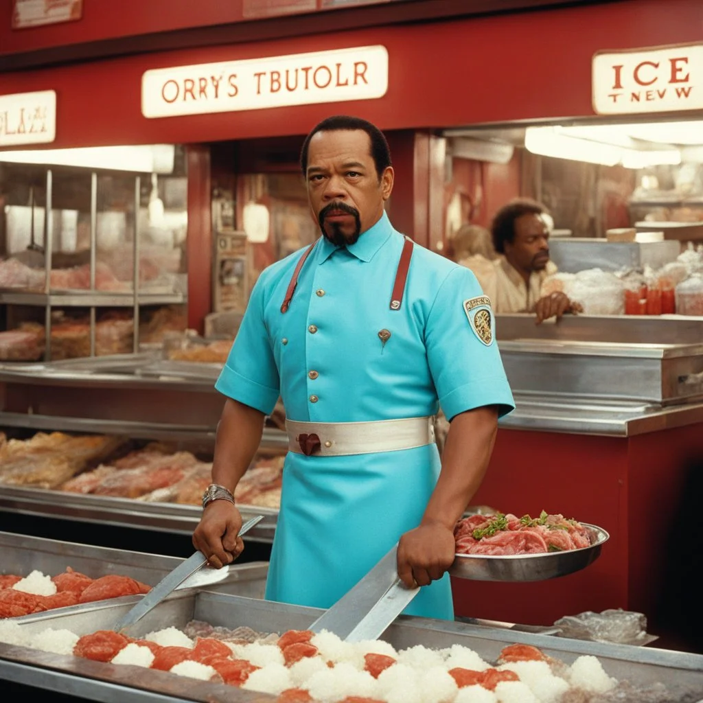 [psychedelic movie by Wes Anderson] Ice-T Fin Tutuola as a butcher in new orlean, vintage 1970's photo