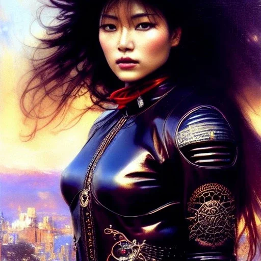 portrait beautiful face 'Female Biker on Akira Bike(1988)',busty,ancient metal armor balanciaga fashion clothe painting by gaston bussiere, greg rutkowski, yoji shinkawa, yoshitaka amano, tsutomu nihei, donato giancola, tim hildebrandt, oil on canvas, cinematic composition, extreme detail,fit full head inside picture,16k