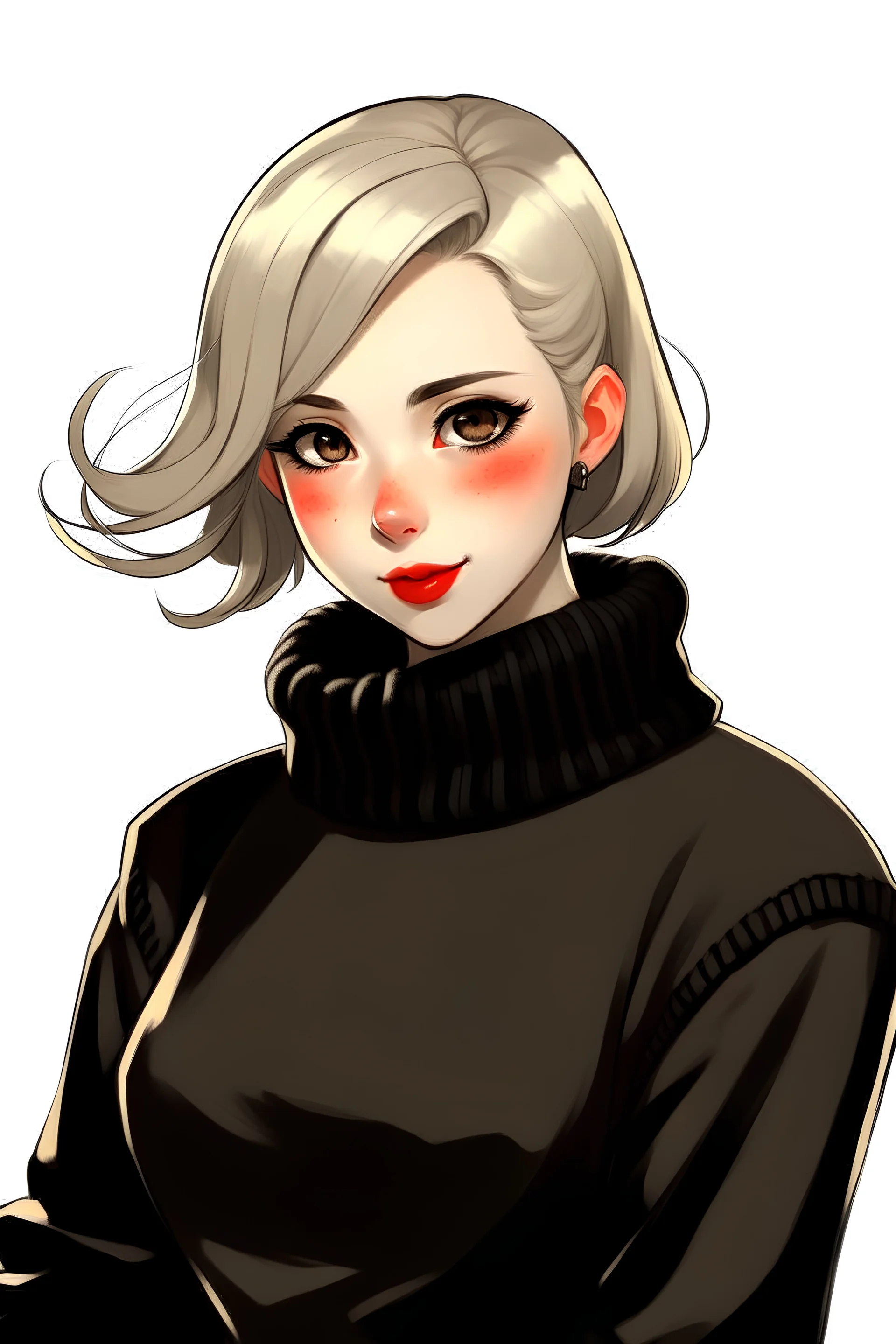 1girl, blonde hair, black eyes, black sweater, curvy, short hair, simple, background, white background, single person, wide hips, red lipstick, black headband, grey skirt, beige coat