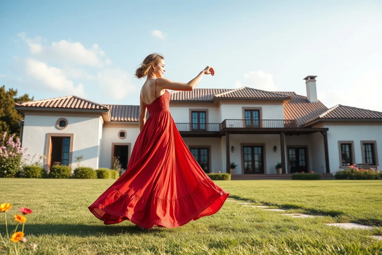 full body close up shot ,country side modern villa wide yard in front of villa ,a beautiful lady in nice long dress dancing,flowers blue sky ,petty clouds