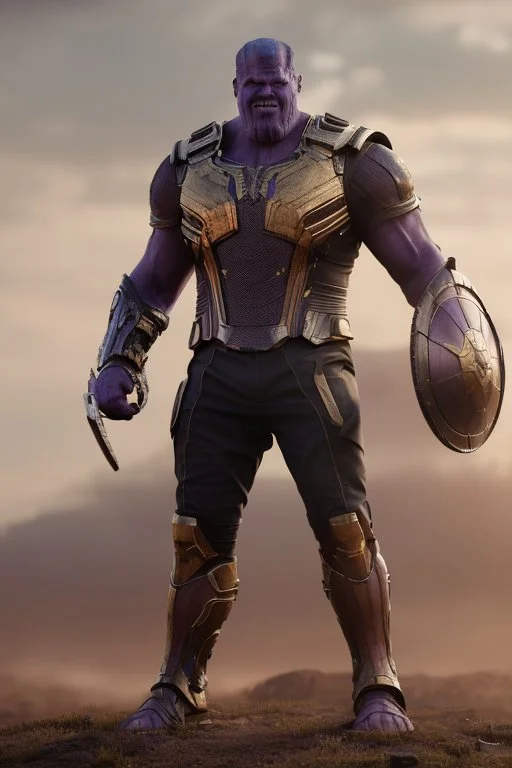 Thanos, the commander of the army of aliens and the king of the entire galaxy, is ready to go on a campaign with his two large swords, his very beautiful and impenetrable armor with his golden helmet, standing on top of a hill with his sword with infinity gauntlet