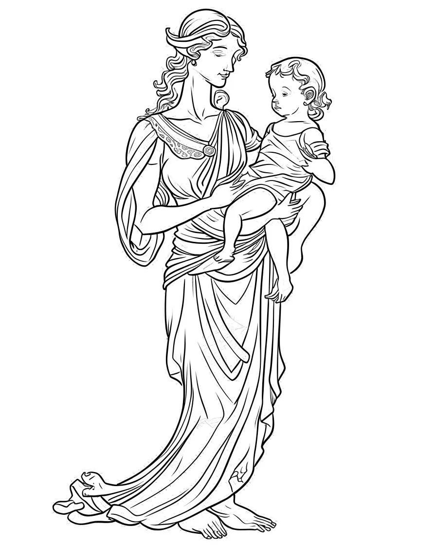 mother coloring page, full body (((((white background))))), only use an outline., real style, line art, white color, clean line art, white background, Sketch style