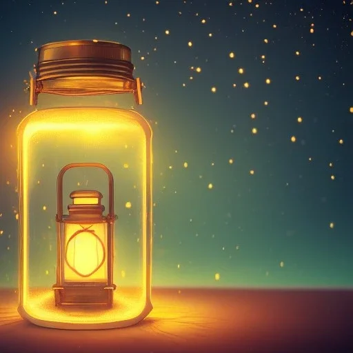 glowing fireflies in a lantern, many ghostly lights inside a belljar, fairy lights, polaroid, symmetry, bioluminescence, luminescent glow, moody, tender, photorealistic, octane render, golden hour