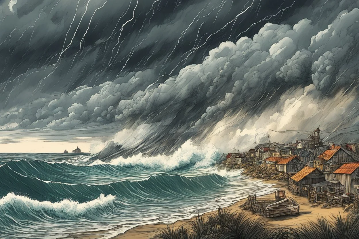 a storm tossed, highly detailed coastal fishing village with ominous thunderheads and pounding surf illustration , finely drawn and inked, 4k, hyper detailed and vibrantly colored