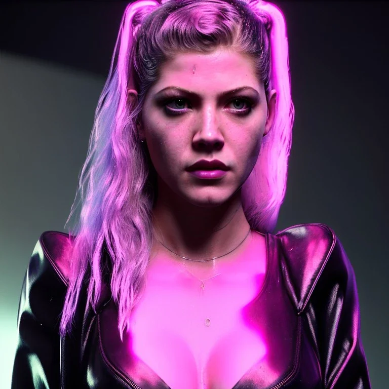 Actress, young Katheryn Winnick, replicant woman, blade runner style, rain, fog, neon ambient, gradient, clean skin, circuits, plastic coat, cyber punk, neon, tubes, portrait, studio photo, unreal engine 5, smooth color, 16 bit, god lights, ray tracing, RTX, lumen lighting, ultra deatail, volumetric lighting, 3d, finely drawn, hd.