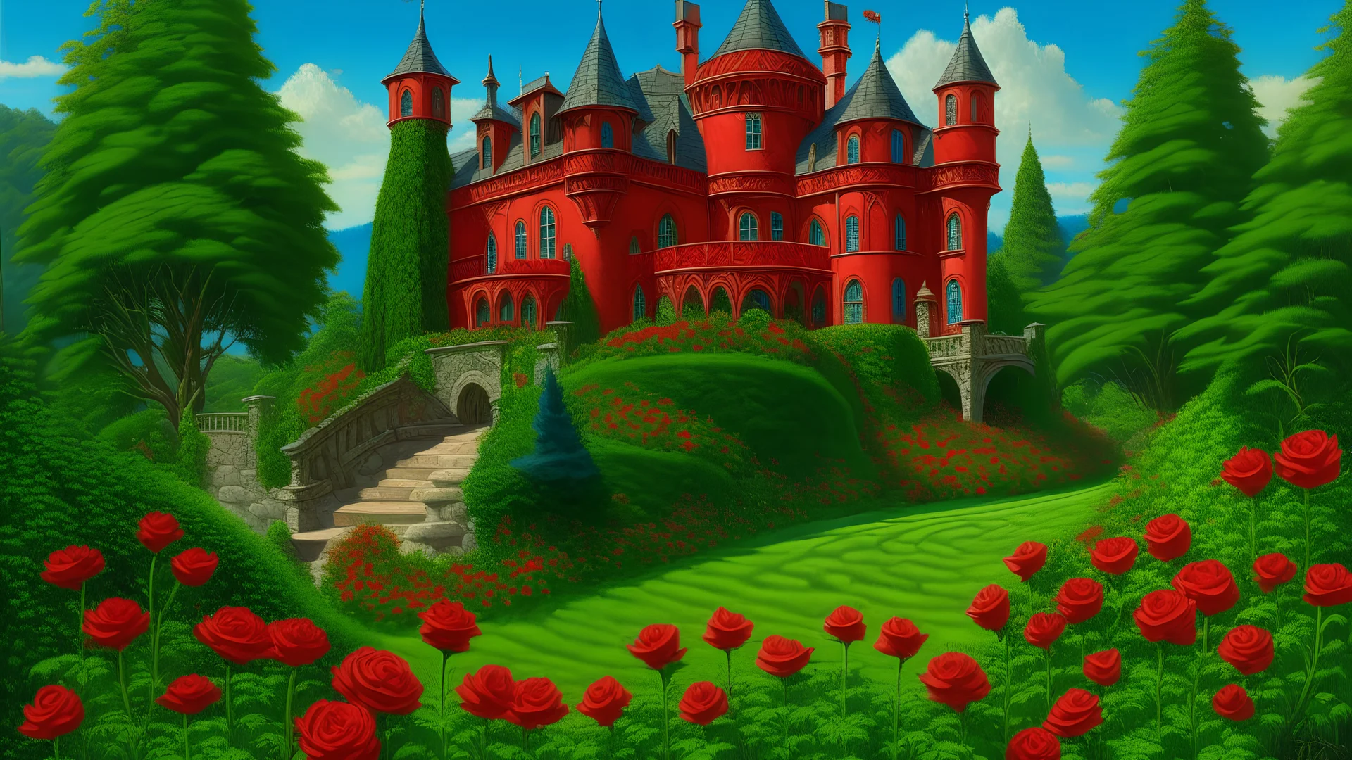 A red castle near a green garden filled with roses painted by Frank Wilson