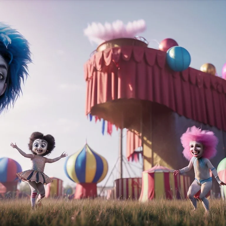 Ultra realistic circus scene. Sweet hair monster and Child’s playing, smile, happy, smooth color, waist up view, Wes Anderson style, dark ambient, highly detailed, concept art, unreal engine 5, god rays, ray tracing, RTX, lumen lighting, ultra detail, volumetric lighting, 3d, finely drawn, high definition, high resolution.