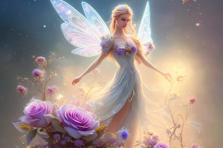 one very little beautiful fairy on a big crystal subtle flower in a galactic ambiance, transparent petals, delicate colors, in the foreground, full of details, smooth, bright sunshine，soft light atmosphere, light effect，vaporwave colorful, concept art, smooth, extremely sharp detail, finely tuned detail, ultra high definition, 8 k, unreal engine 5, ultra sharp focus