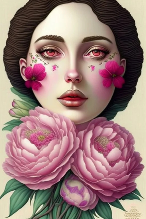 A woman's face with peonies, digital art by artist "Catrin Welz-Stein"