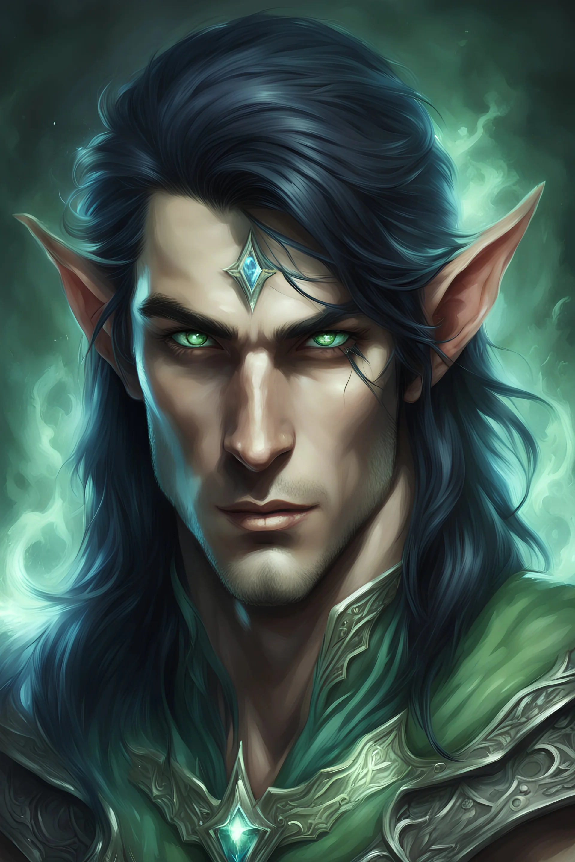 portrait of a light green elf sorcerer male long black hair sapphire eyes muscular