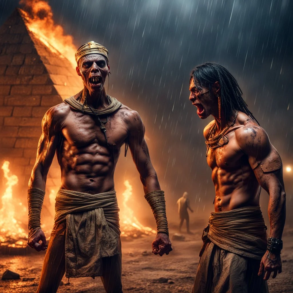 Hyper Realistic fight between Muscular Egyptian Mummy & a Muscular handsome male zombie in a heavy rainy night outside side a burning pyramid