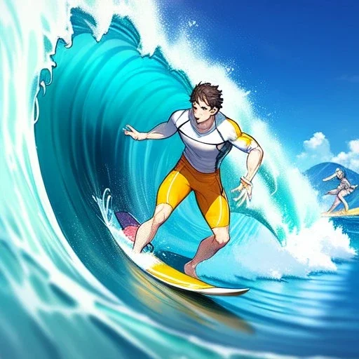 anime boy, surfer boy, surf, waves, perfect wave, orange swim shorts