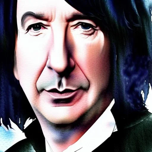 high-quality, fine-detail close-up watercolor of Alan Rickman as Severus Snape, portrait, young, stunning, beautiful, 8k resolution, intricate, digital art, hyper realistic, photorealistic, volumetric lighting, Rafael Augusto, Juan Francisco Casas, Anne Dittman, Anne Stokes, greg rutowski,