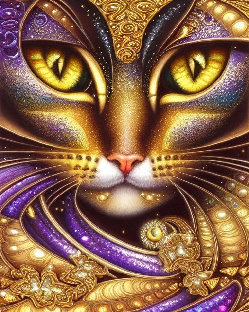 Cat , 500 x 500 pixels, glitter gold, extremely detailed fractal , fractal gems, fractal crystals, gold glitter, imperial colors ,digital oil painting , detailed art illustration, vibrant, cinematic, ornate, luxury, 8K polished in the style of Josephine Wall, Brian Froud.Thomas Kinkade