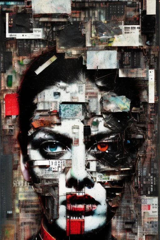 Ultra detailed medium portrait painting of anxiety , torn up collage of clippings, broken circuitry background, matrix effects, punk visual art, punk art aesthetic, graffiti art, pop surrealism, collage art, cluttered paint glitches