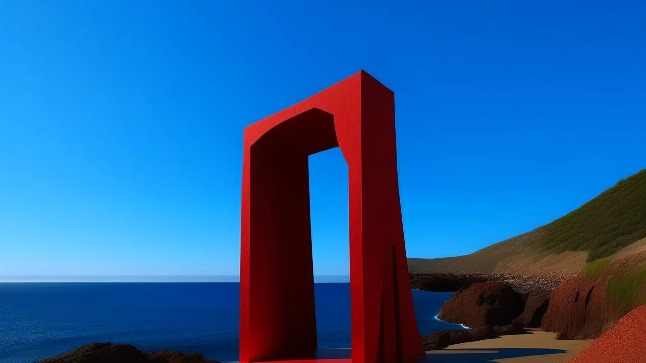 Una prominente estructura roja en forma de T, posiblemente simbólica o artística, se alza audazmente sobre un sereno telón de fondo costero. La figura monolítica tiene una rica textura, evocando un sentimiento de crudeza, materialización orgánica, y contrasta notablemente con la apagada, primer plano terrenal. Este primer plano se funde en las profundidades, extensión ultramar del océano, , que es plácido bajo un cielo suavemente iluminado. Los sutiles toques de luz ambiental crean un efecto res