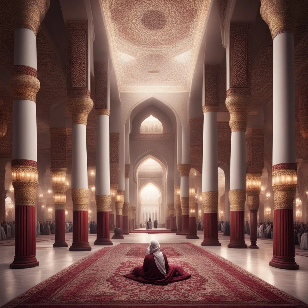 Hyper Realistic photographic-view of lots of Muslims praying inside a huge Mosque-hall-with-white-&-maroon-walls-&-fancy-pillars decorated with traditional-lamps & beautiful carpets at night showing dramatic-&-cinematic-ambiance