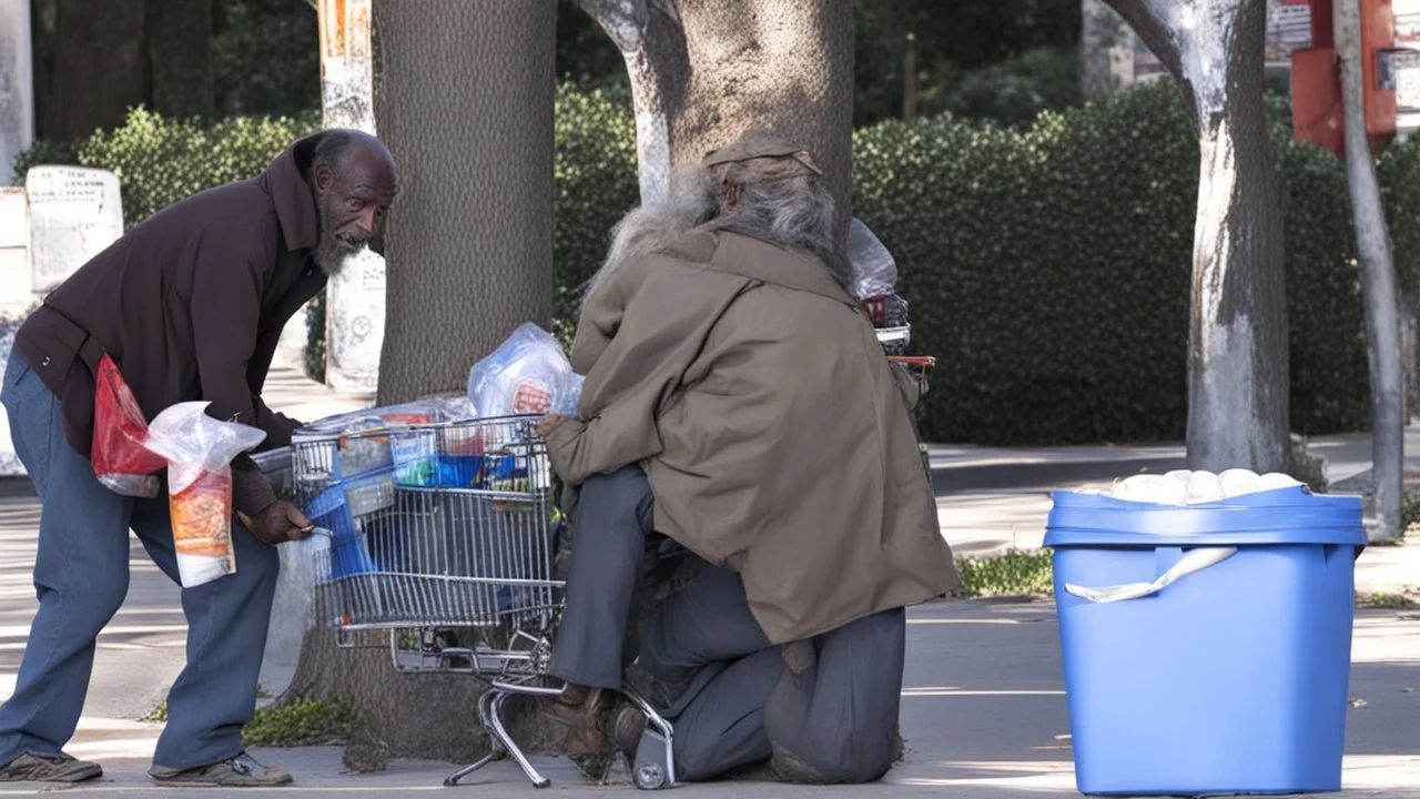 dirty homeless man selling his groceries to strangers