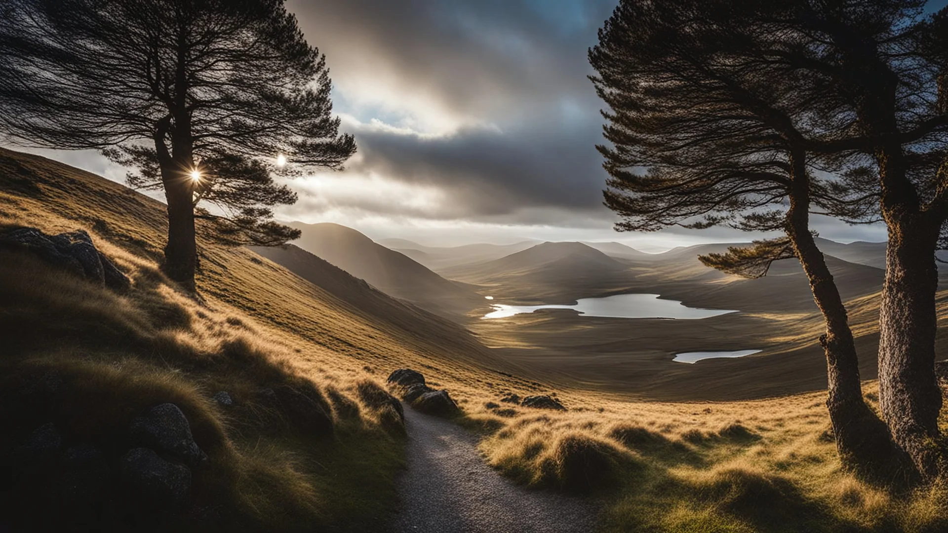 Mountainous landscape in the Hebrides, sunlight, chiaroscuro, awe-inspiring, beautiful composition, award-winning photograph