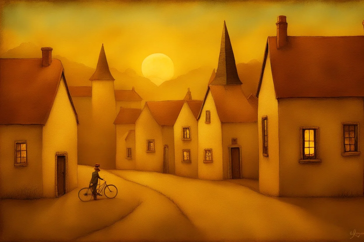 Nostalgia-evoking, breathtaking surreal masterpiece, channeling Sam Toft, Gustav Klimt, Andy Kehoe, Amanda Sage, features a quaint village scene bathed in setting sun's golden hues, painted textures conjuring yesteryears, fusion of folk art, sharp focus, studio photo, intricate details, artstation trending, highly detailed, Greg Rutkowski signature style, golden hour lighting, Modifiers: beautiful very cute visually breathtaking beautiful