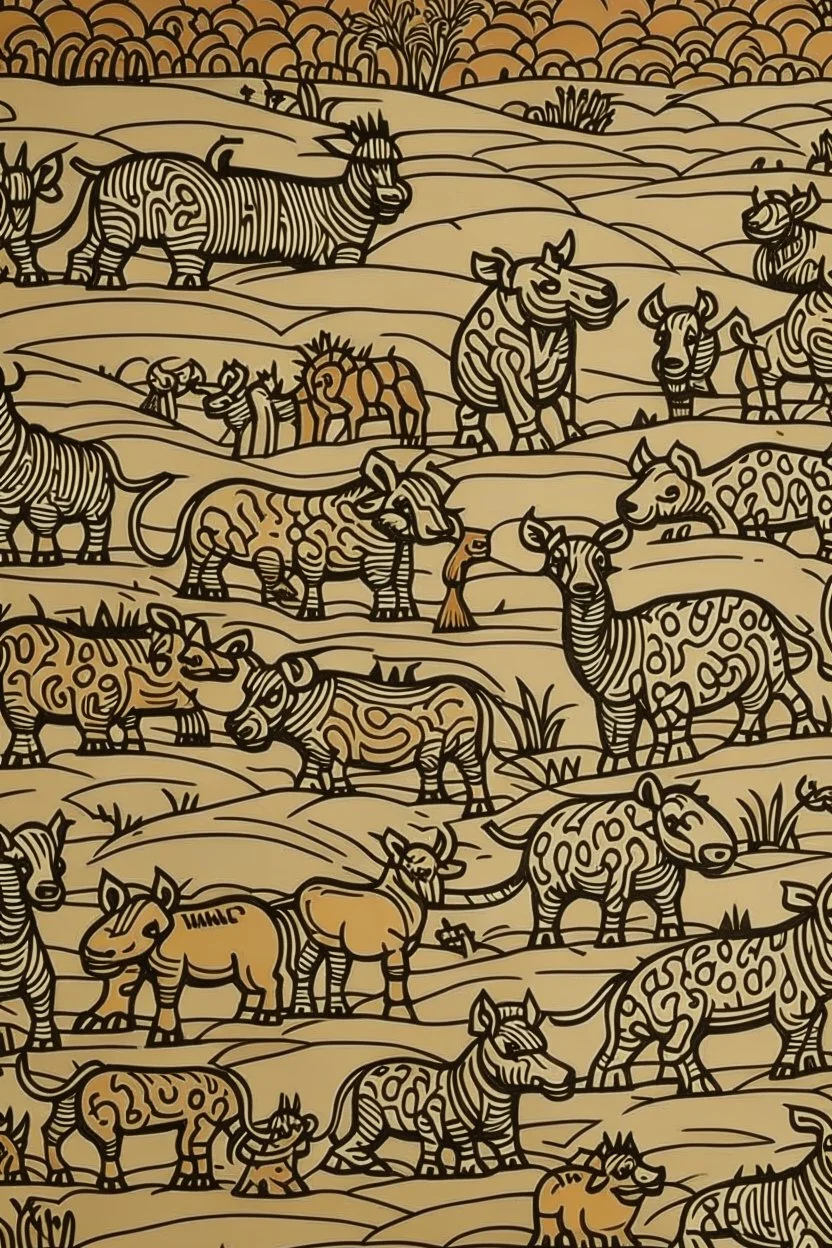 A light brown savanna filled with rhinos painted by Keith Haring