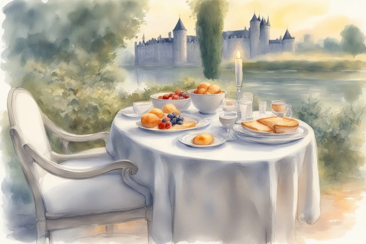 Brunch breakfast on an elegant table in the garden in the background, Castle on the Loire, lake, reflection, sunrise, Misty morning smooth intricate high definition beautiful lighting pencil sketch watercolor polished warm light