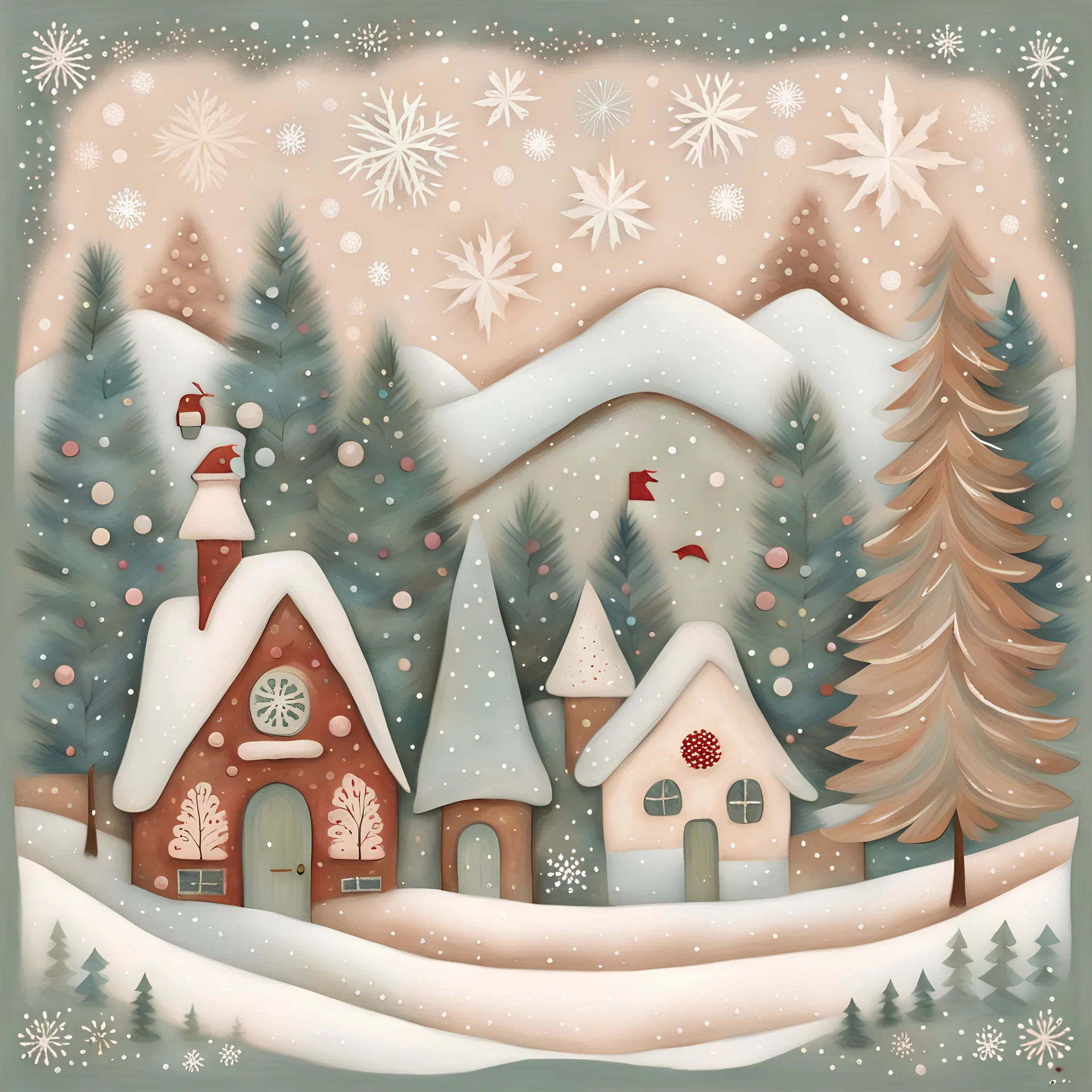 Folk art, Christmas scenery, mixed media, soft muted colors