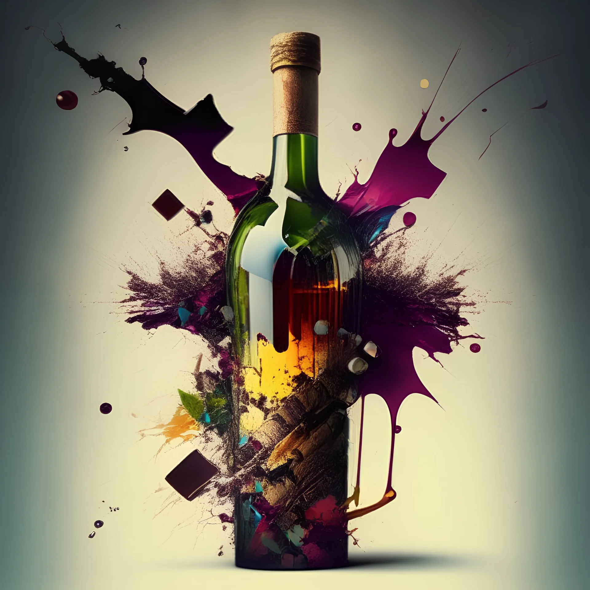 Artistic abstract collage wine bottle shot with bullet