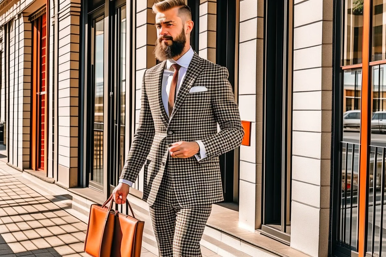 bearded man in elegant suit with checkered skirt on high heels standing next to a restaurant holding a laptop case in sunshine