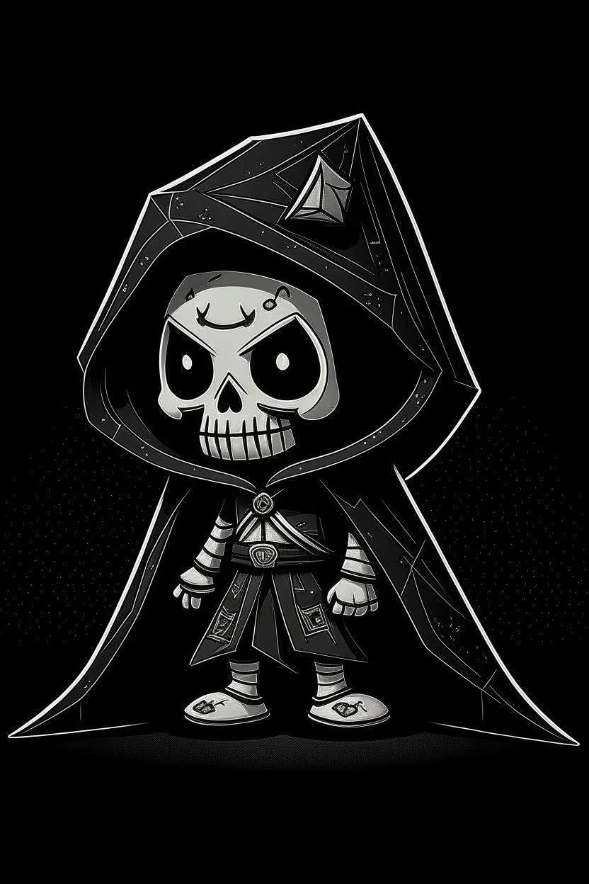 funko skeleton in a black hooded cloak drawn in a retro mascot style, inside a light diamond shape on a black background, monochromatic