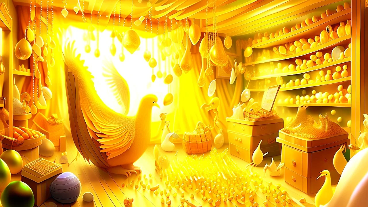 Fantasy digital illustration: = room full of treasures, including bags of gold, one magical hen that laid golden eggs, and one singing harp