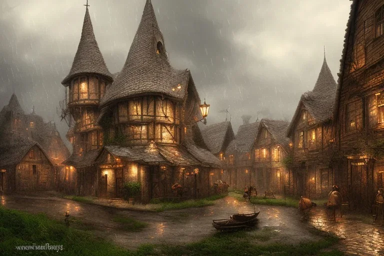 medieval fantasy poor village, rainy, stormy, dark, market, tavern, dirt path