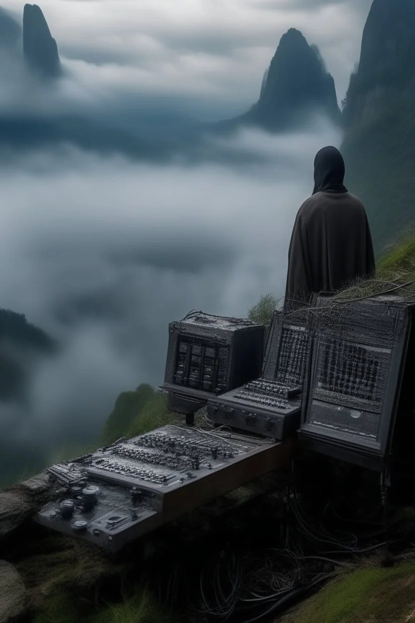 A hooded man standing on tbank of a torrent of river and clouds from far away gothic theme