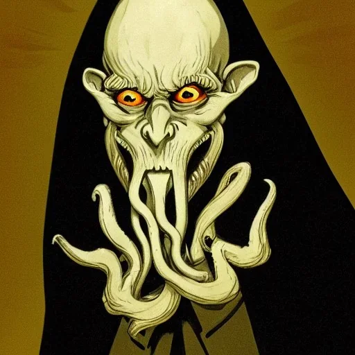 Nosferatu with white skin and a beard made of tentacles as a Russian Orthodox vampire with yellow eyes and vampire fangs