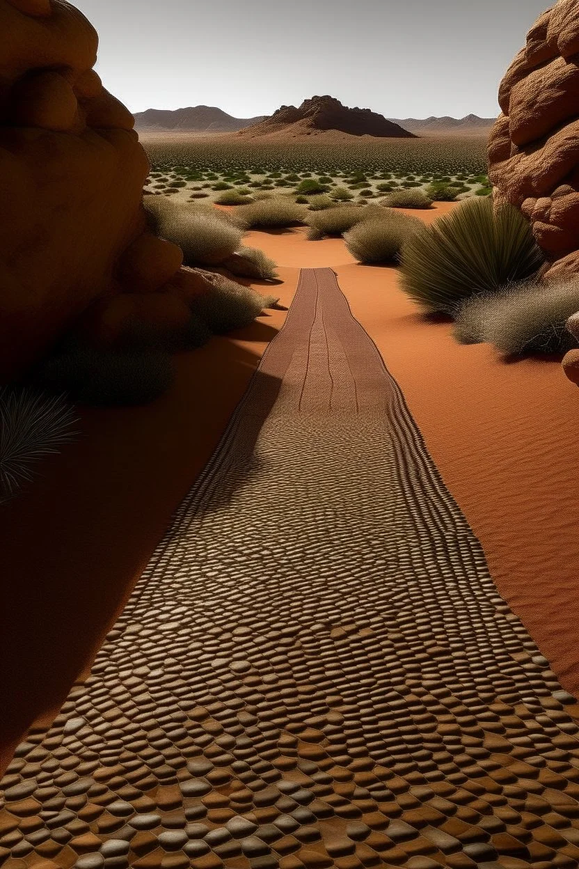 A brown desert with a rocky road designed in Moroccan rug art painted by Henri Robert-Bresil