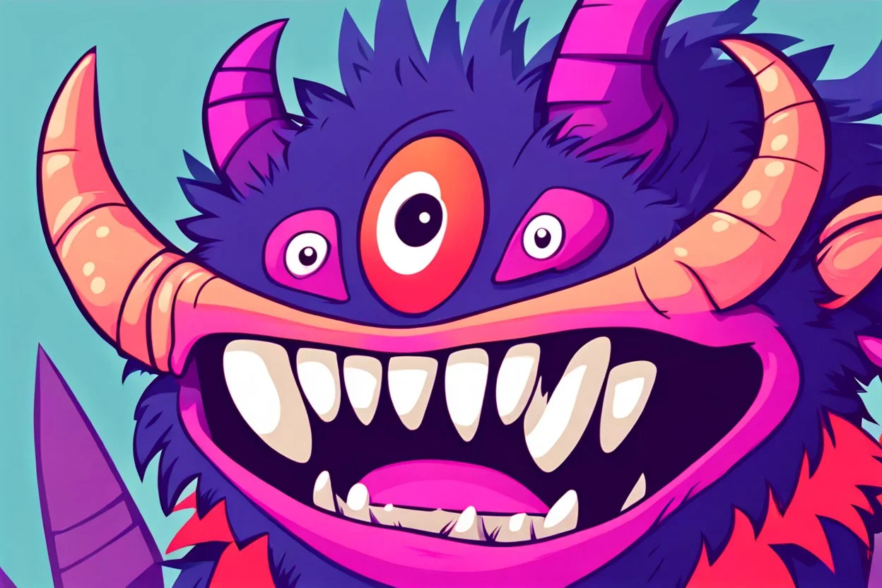 closeup of a smiling monster's face, big teeth, fur, bumps and horns, my pet monster inspiration, urban character design