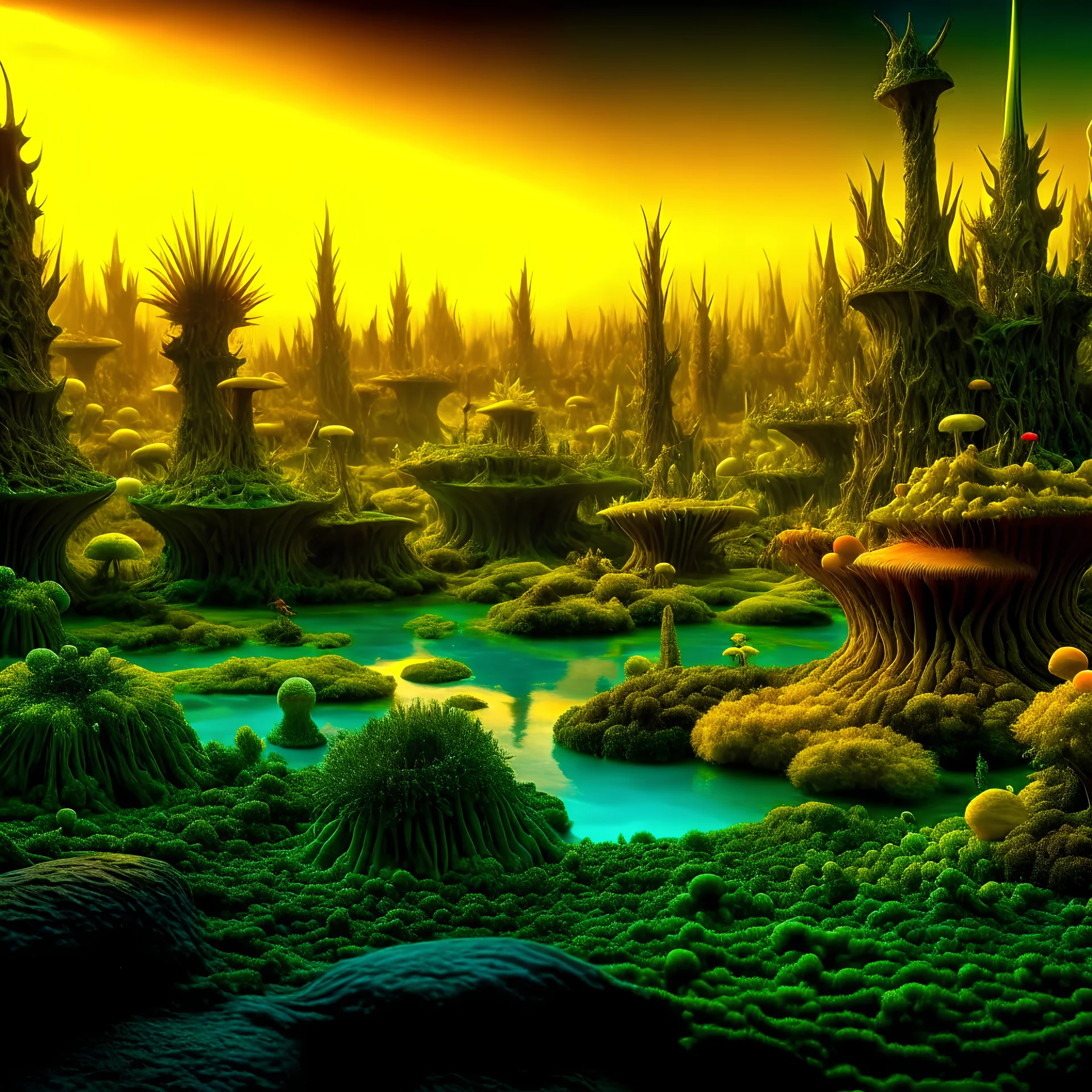 Photoraph of an odd swamp landscape with odd beings surreal abstract Max Ernst style, 120mm photography, sharp focus, 8k, 3d, very detailed, volumetric light, grim, fine art, very colorful, ornate, F/2.8, insanely detailed and intricate, hypermaximalist