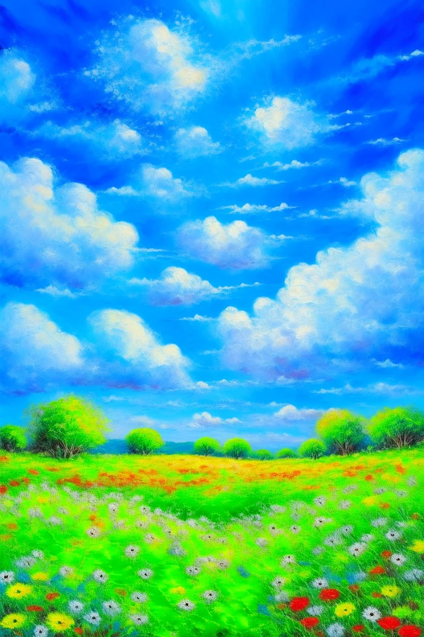 impressionism nature peace communication compassion tranquility blue sky meadow fluffy clouds flowers monet expressionism