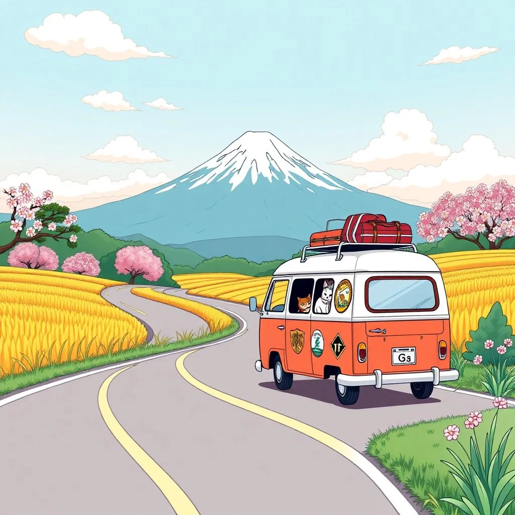 Create a book cover for "Cozy Japan Coloring Book" showcasing a charming countryside road trip scene with a small, vintage camper van winding along a scenic road. In the distance, Mount Fuji rises majestically, partially veiled by soft clouds and framed by blooming cherry blossoms and golden rice fields. The van is adorned with travel stickers and roof luggage, while a cat peeks out the window. The atmosphere is peaceful and nostalgic. Illustration, warm pastel palette with soft shading and fine