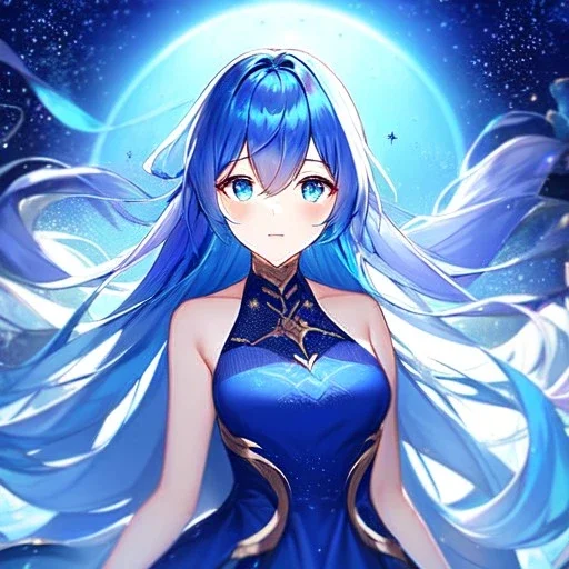 girl, masterpiece, best quality, volumetric lighting, detailed outfit, perfect eyes, deep sea blue hair, blue eyes, long hair, starry dress,