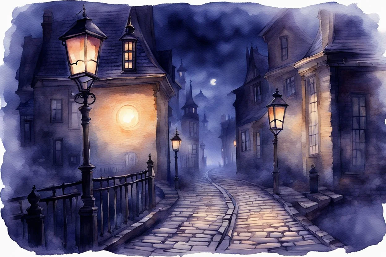 Prompt: a lantern glowing softly on a cobblestone street, mist swirling, with old Victorian houses lining the path, watercolor, mysterious, nocturnal