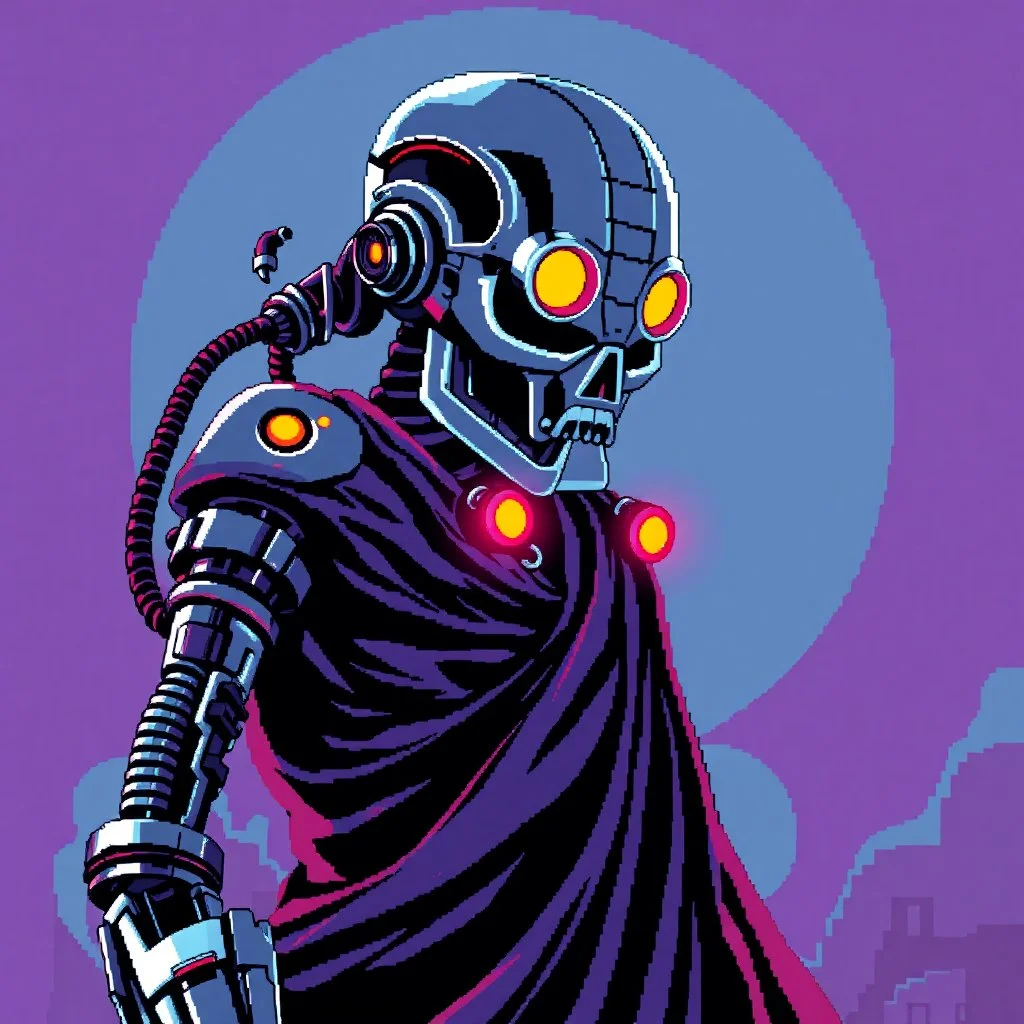 8 bit pixelart of a terminator like robot, synthwave colored, vaporware, budist monk robe