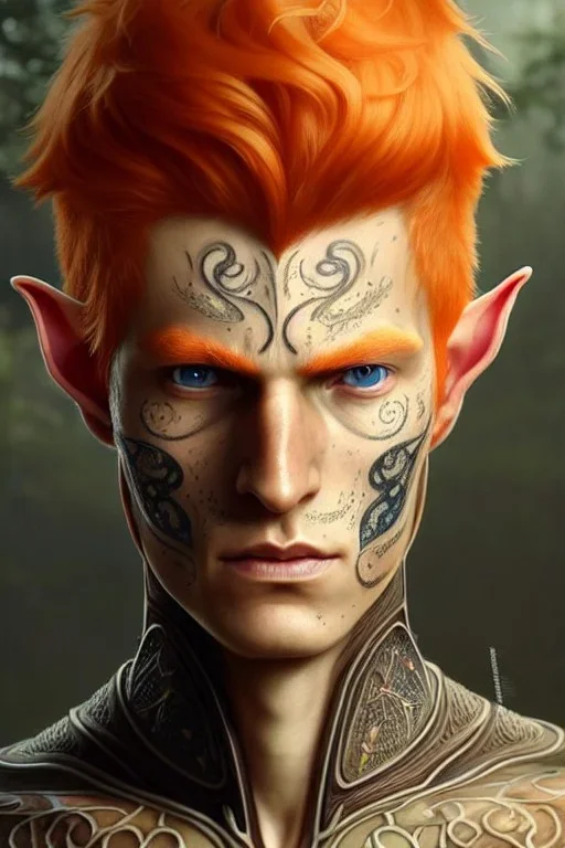 portrait painting of an elven young man with short light orange hair and freckles and tree tattoos on his cheekbones light armor, full body, ultra realistic, concept art, intricate details, eerie, highly detailed, photorealistic, octane render, 8 k, unreal engine. art by artgerm and greg rutkowski and charlie bowater and magali villeneuve and alphonse mucha