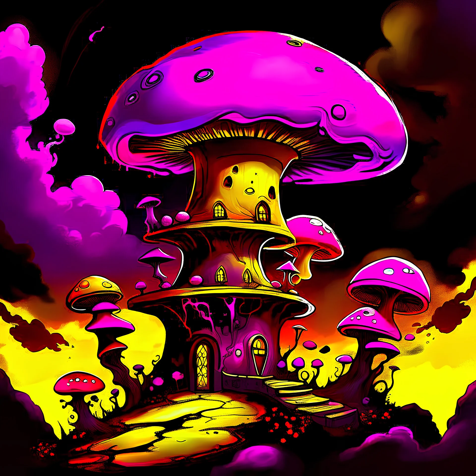 A fantabulous black, magenta and yellow (((mushroom tower house))) erected atop a (geologic pillar), surrounded by the uncanny imaginative ((( swirling skies))), offset by the stark hues of a (neon-tinged nebulous space scape), within. captured by the hand a skilled master painter with a focus on (softly blurred compositions and voluminous lighting).